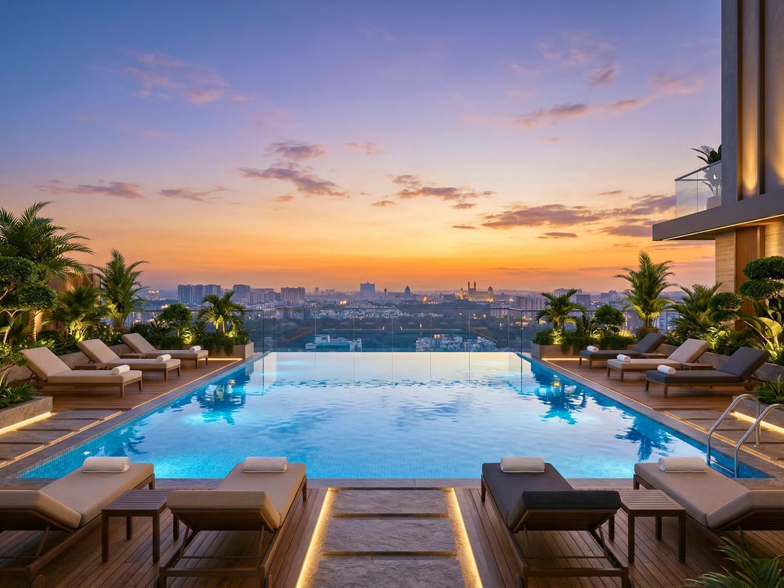 Godrej Brooklyn rooftop infinity swimming pool with Hyderabad skyline views